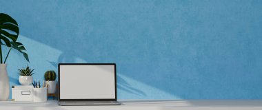 3D görüntüleme, dizüstü bilgisayarlı ofis masası, saksılar, dekorasyon ve kopya alanı, kırpma yolu, 3D illüstrasyon 