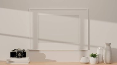 3D tasarım, modern iç mimari, beyaz duvarda maket çerçeveli ahşap masa, kamera, kitap, seramik vazolar ve kopya alanı, 3D illüstrasyon.