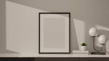 3D tasarım, modern ev tasarımı çerçeve, lamba, kitaplar ve oturma odasındaki mermer masaya saksı.