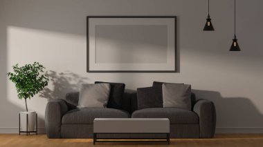 3D tasarım, modern oturma odası iç tasarımı kanepe, sehpa, lamba, çerçeve, bitki ve diğer dekorasyonlar, 3D illüstrasyon