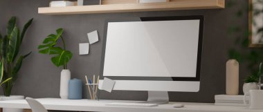 3D görüntüleme, bilgisayar, malzeme ve dekorasyonlu modern ofis masası.