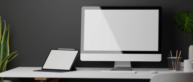 3D görüntüleme, bilgisayar, dijital tablet, malzeme ve dekorasyonlu çatı katı ofis masası, 3D illüstrasyon