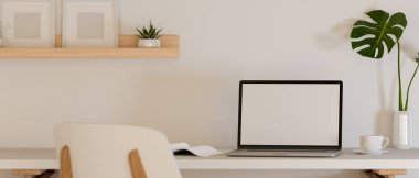 3D görüntüleme, basit ev içi iç mimari dizüstü bilgisayarı, kitapları ve dekorasyonları beyaz masa üzerinde, 3D illüstrasyon 