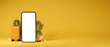 3D görüntüleme, akıllı telefon, valiz, top ve kopya alanı ile seyahat kavramı sarı arka planda, 3D illüstrasyon 