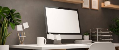 3D görüntüleme, bilgisayar, malzeme ve dekorasyonlu modern ofis masası, kırpma yolu, 3D illüstrasyon