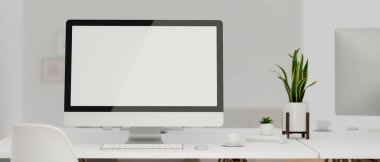 3D görüntüleme, bilgisayar aygıtı, malzeme ve bitki örtüsü ile en az ofis masası, 3D illüstrasyon