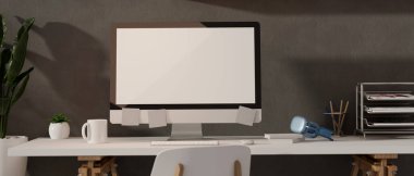 3D görüntüleme, tavan arası ofis iç tasarımı bilgisayar masası malzeme ve kırtasiyeli, 3D illüstrasyon