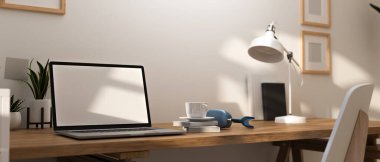 3D görüntüleme, çalışma masalı ev odası, dizüstü bilgisayarı ve tahta masadaki süslemeler, 3D illüstrasyon. 