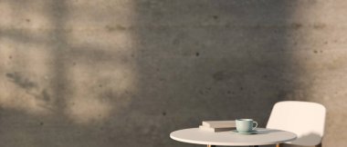 3D görüntüleme, fincanlı beyaz kahve masası, beton duvar arka planında kitaplar ve sandalye, 3D illüstrasyon