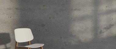 3D görüntüleme, beton arka planda beyaz sandalye, kopya alanı, 3D illüstrasyon