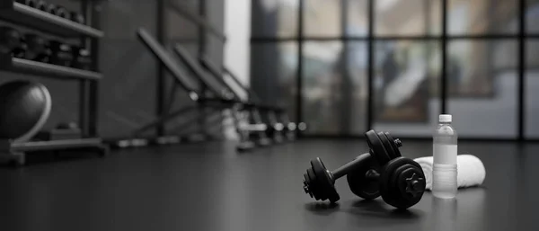 3 boyutlu görüntüleme, konsept fitness odasında yerde dambıllar, arkada eğitim ekipmanları, 3 boyutlu illüstrasyon