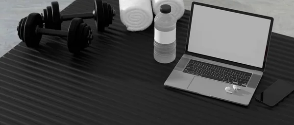 Rendering Fitness Room Concept Laptop Αλτήρες Water Bottle Και Αθλητικό — Φωτογραφία Αρχείου