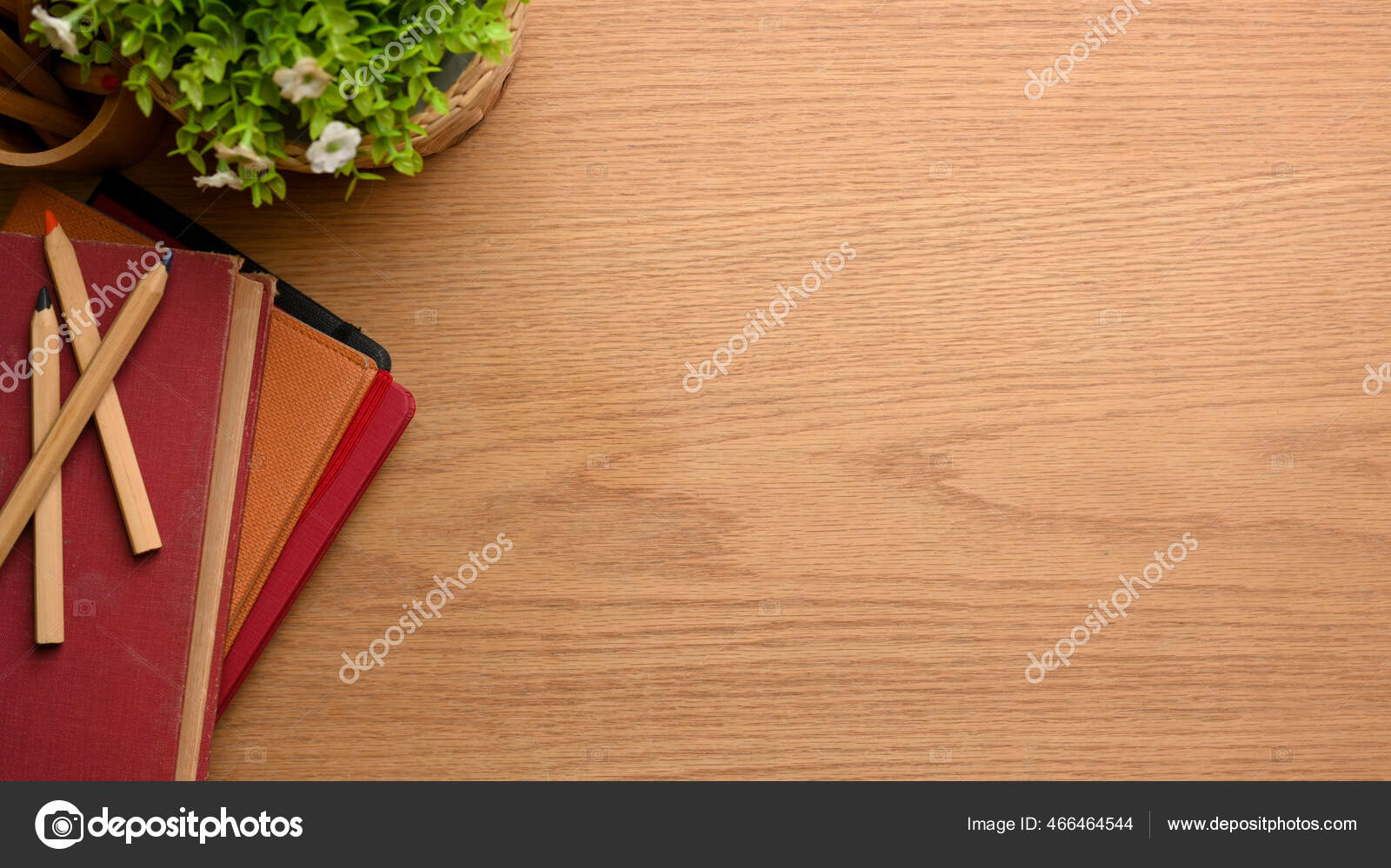 Top View Wooden Study Table Books Coloured Pencils Plant Pot Stock