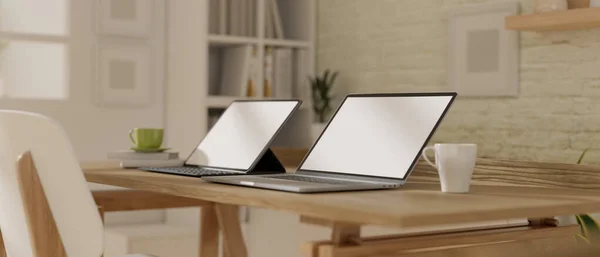 Renderelés Hordozható Munkaterület Két Laptoppal Íróasztalon Kényelmes Belső Irodaterem Kialakítás — Stock Fotó