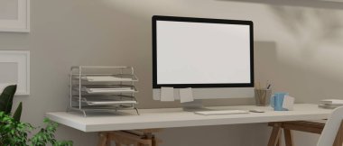 Beyaz masa üzerinde bilgisayar ve malzemelerle iç mekan tasarımı ve odaya dekore edilmiş saksı, 3 boyutlu tasarım, 3 boyutlu illüstrasyon