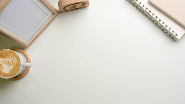 Overhead Shot Simple Workspace Coffee Cup Mock Frame Notebooks Copy — Stock Photo, Image