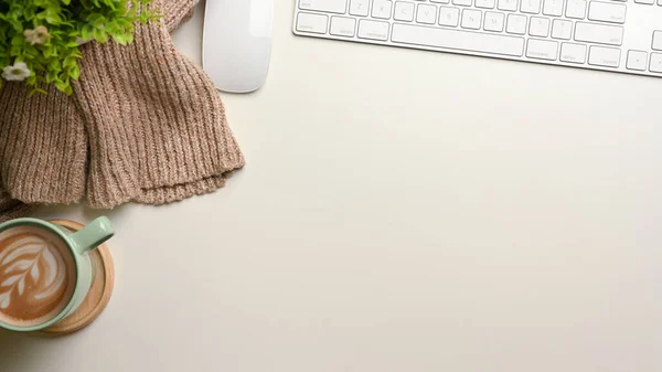 Simple Workspace Mock Scene Copy Space Computer Device Cup Sweater — Stock Photo, Image
