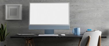 3D görüntüleme, monitörlü bilgisayar masası, aksesuarlar, malzeme ve dekorasyon merkezi ofis odasında, 3D illüstrasyon