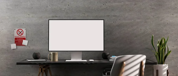 Rendering Computerschreibtisch Mit Monitor Zubehör Stuhl Und Dekorationen Loft Büroraum — Stockfoto