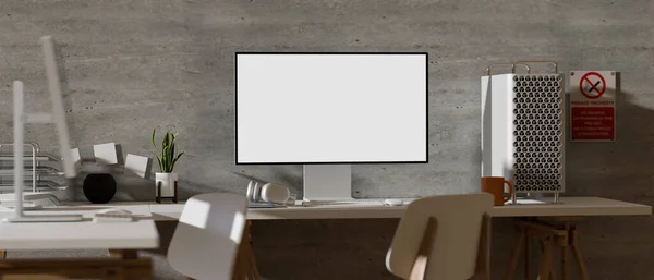 Rendering Schreibtisch Mit Computer Zubehör Stuhl Und Dekorationen Loft Büro — Stockfoto
