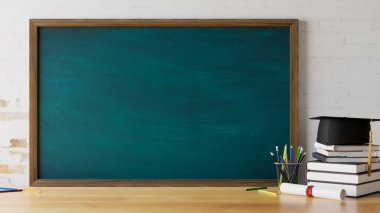 3D rendering, education concept, study table with stationery, books, graduation cap and copy space on wooden table with chalkboard on the wall, 3D illustration