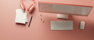 Pink pastel creative workspace with computer device, stationery and headphone, 3D rendering, 3D illustration, top view