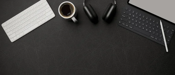 Top View Rendering Flay Lay Workspace Computer Keyboard Tablet Headphone — Foto Stock