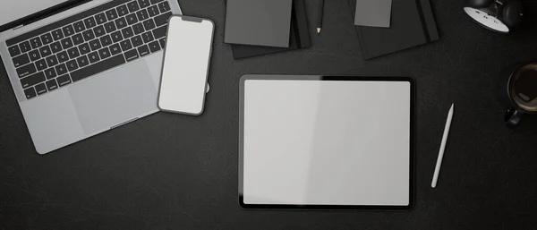 Rendering Dark Flat Lay Workspace Digital Tablet Smartphone Laptop Accessories — Stock Photo, Image