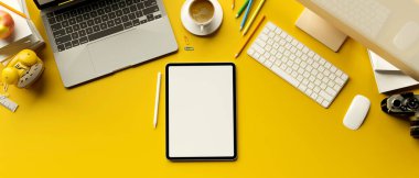 3D rendering, digital tablet with mock-up screen on yellow background with laptop and computer devices, 3D illustration