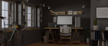 3D rendering, trendy home office room with computer desk, supplies, shelf, bicycle and decorations in the room, 3D illustration