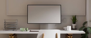 Minimal office workspace with mock up computer monitor on the table with office supplies and decorations, 3D rendering, 3D illustration