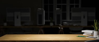 3D rendering, wooden table with stationery, plant pot and copy space in home office room at night, 3D illustration