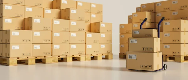 Rendering Logistiek Concept Kartonnen Dozen Gestapeld Het Magazijn Met Een — Stockfoto