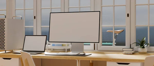 나무로 모조품 스크린이 컴퓨터와 노트북 사무실 방에서 렌더링 일러스트 — 스톡 사진
