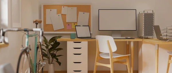 Візуалізація Затишний Дизайн Інтер Єру Домашнього Офісу Комп Ютерним Столом — стокове фото