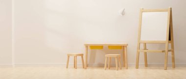 3D görüntüleme, rahat çocuk odası iç tasarımı çalışma masası, sandalyeler ve beyaz duvar zeminli beyaz tahta, 3D illüstrasyon