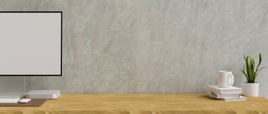 3D görüntüleme, bilgisayar, kitap, bardak, saksı ve ofis duvarlı fotokopi masası, 3D illüstrasyon