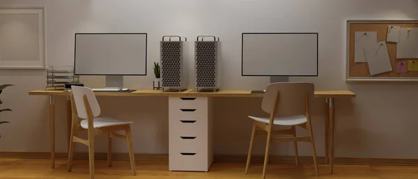 Representación Diseño Interiores Oficina Simple Con Dos Dispositivos Informáticos Sobre — Foto de Stock
