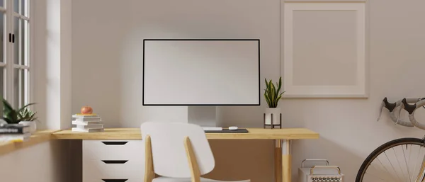 Renderização Aconchegante Home Office Design Interiores Com Mesa Computador Suprimentos — Fotografia de Stock