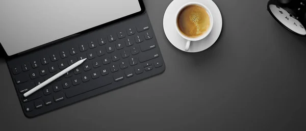 Digital Tablet Keyboard Stylus Pen Black Table Coffee Cup Copy — Stock Photo, Image