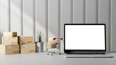 Beyaz masadaki maket ekranlı dizüstü bilgisayar, karton kutular, el arabası modeli ve saksı, 3 boyutlu çizim, 3 boyutlu illüstrasyon