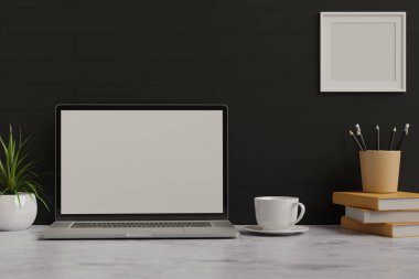 Mermer masadaki, kırtasiyeli ve dekorasyonlu bilgisayar laptopu, 3D görüntüleme, 3D resimleme