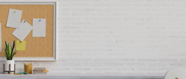 Asgari çalışma alanı tuğla duvarda ilan tahtası ve masa üzerinde kırtasiye malzemesi, 3 boyutlu çizim, 3 boyutlu illüstrasyon