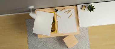 Çalışma masası ve renkli kalemleri olan çocuk odası, üst görünüm, üç boyutlu çizim, üç boyutlu illüstrasyon