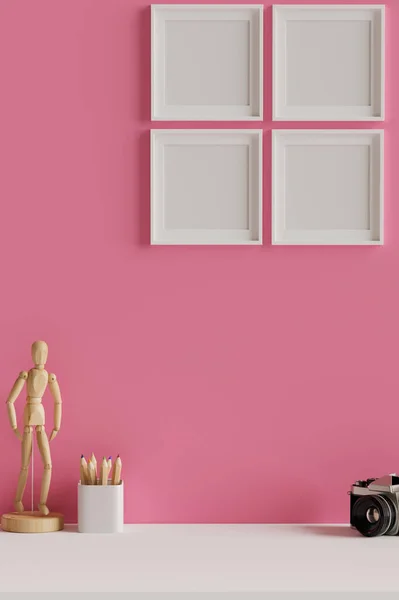 Vrouwelijke Werkruimte Met Briefpapier Camera Mock Frames Roze Wand Weergave — Stockfoto