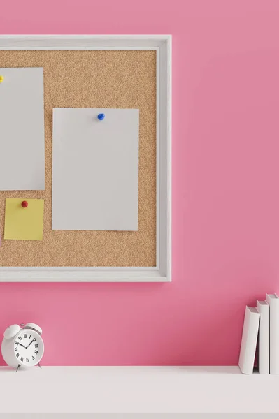 Espaço Trabalho Rosa Branco Com Livros Relógio Placa Aviso Parede — Fotografia de Stock