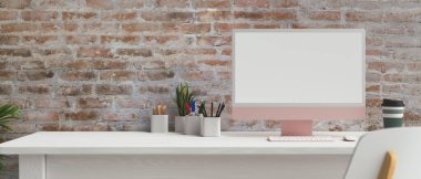 Kağıt ve tuğla duvarlı beyaz masadaki maket ekranlı pembe pastel bilgisayar monitörü, 3D görüntüleme, 3D illüstrasyon