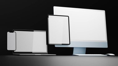 Tablet, bilgisayar, dizüstü bilgisayar ve akıllı telefona sahip dijital aygıtlar siyah arkaplanda izole edilmiş, 3D görüntüleme, 3D illüstrasyon