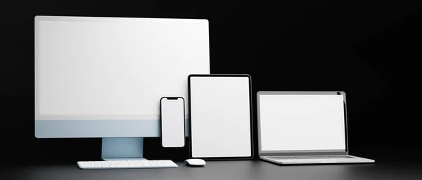 黒の背景にモックアップ画面とタブレット コンピュータ ノートパソコンやスマートフォンとコンピュータデバイス 3Dレンダリング 3Dイラスト — ストック写真