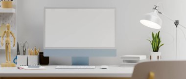 Kırtasiye, lamba ve dekorasyonlu maket ekranlı mavi pastel bilgisayar monitörü, 3 boyutlu görüntüleme, 3 boyutlu illüstrasyon